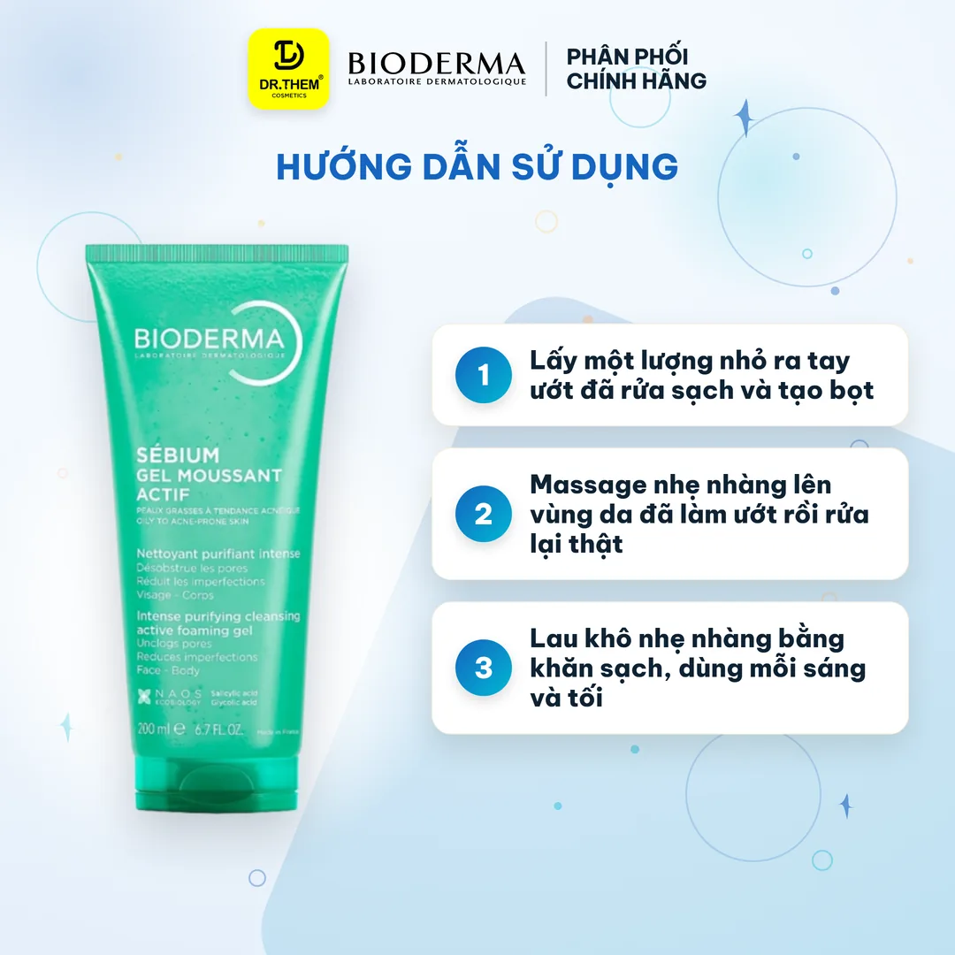 Gel Rửa Mặt Bioderma Sébium Gel Moussant Actif AHA BHA Giảm Mụn 200ml 3