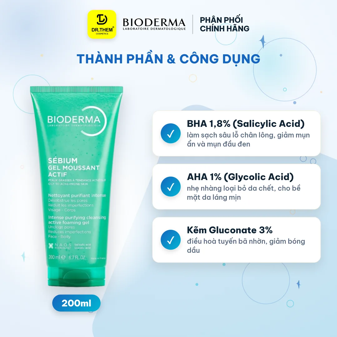 Gel Rửa Mặt Bioderma Sébium Gel Moussant Actif AHA BHA Giảm Mụn 200ml 2