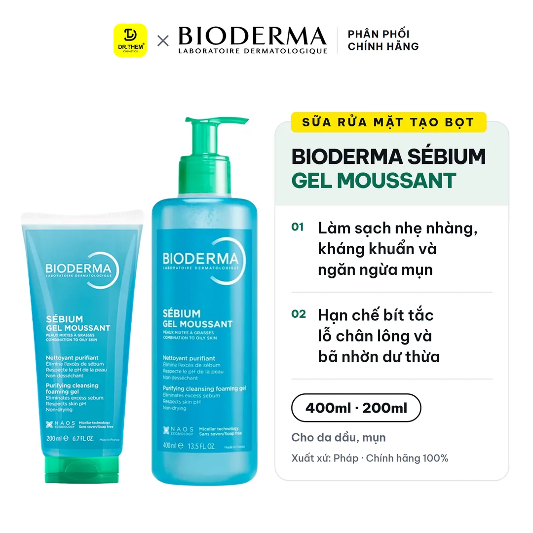 Sữa Rửa Mặt Bioderma Sebium Gel Moussant Tạo Bọt Làm Sạch Kiềm Dầu Cho Da Hỗn Hợp Da Dầu Mụn 45ml 200ml 500ml