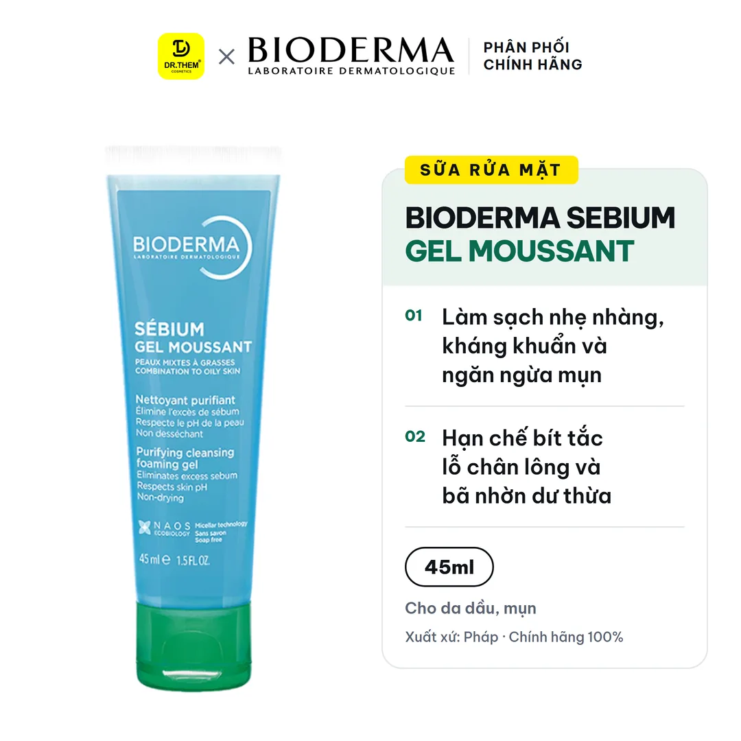 Sữa Rửa Mặt Bioderma Sebium Gel Moussant Tạo Bọt Làm Sạch Kiềm Dầu Cho Da Hỗn Hợp Da Dầu Mụn 45ml