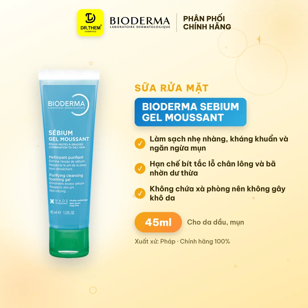 Sữa Rửa Mặt Bioderma Sebium Gel Moussant Tạo Bọt Làm Sạch Kiềm Dầu Cho Da Hỗn Hợp Da Dầu Mụn 45ml