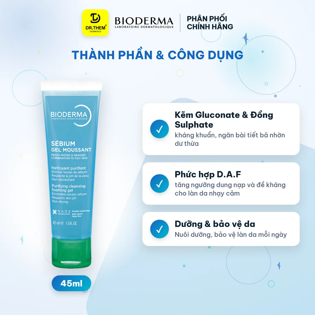 Sữa Rửa Mặt Bioderma Sebium Gel Moussant Tạo Bọt Làm Sạch Kiềm Dầu Cho Da Hỗn Hợp Da Dầu Mụn 45ml 2