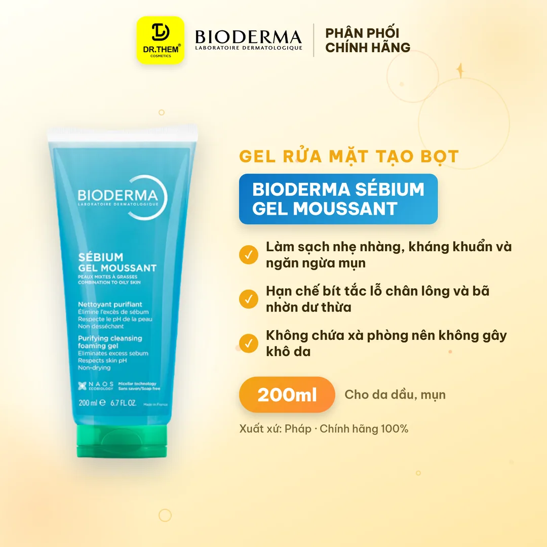 Gel Rửa Mặt Tạo Bọt Bioderma Sébium Gel Moussant Cho Da Dầu Mụn 200ml
