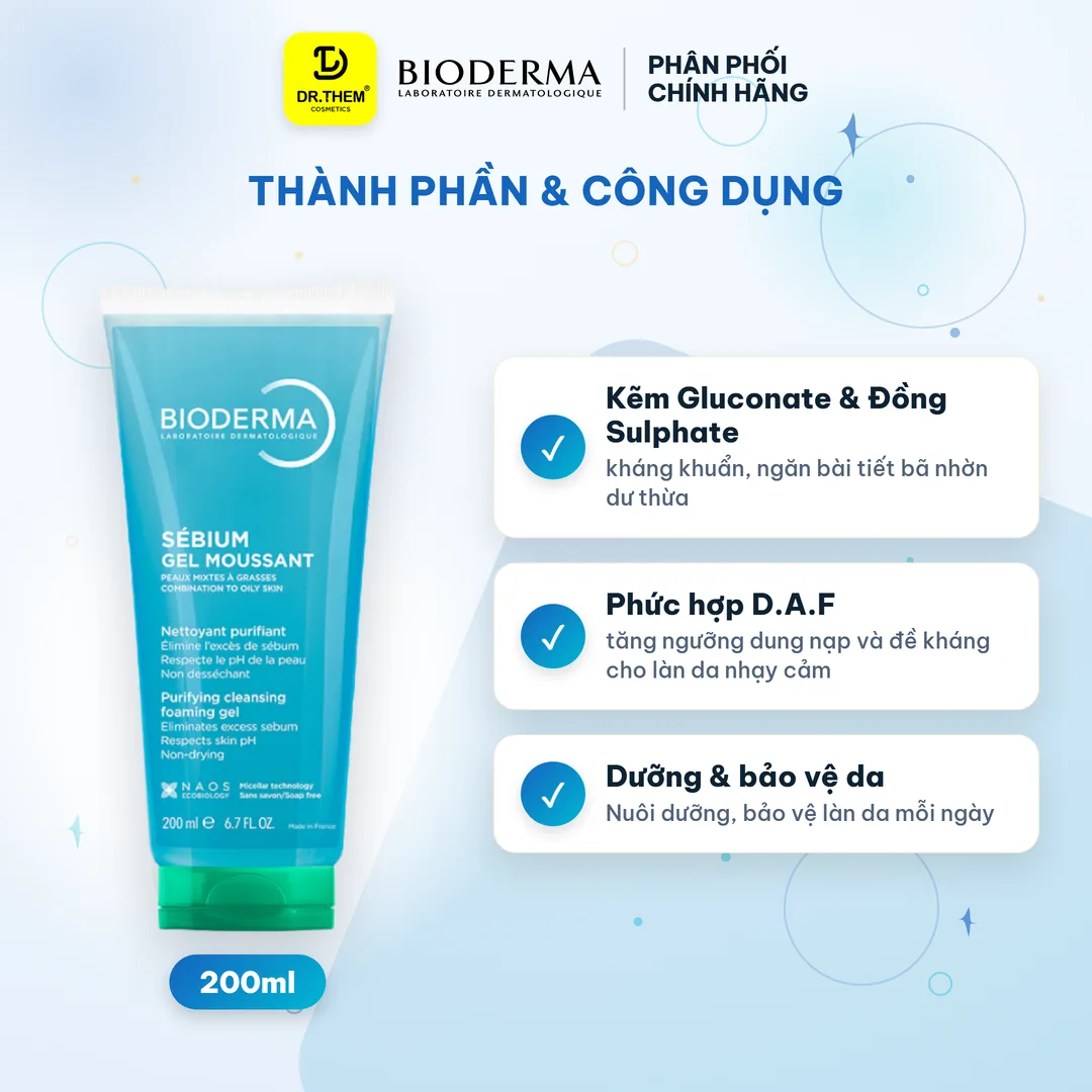 Gel Rửa Mặt Tạo Bọt Bioderma Sébium Gel Moussant Cho Da Dầu Mụn 200ml 2