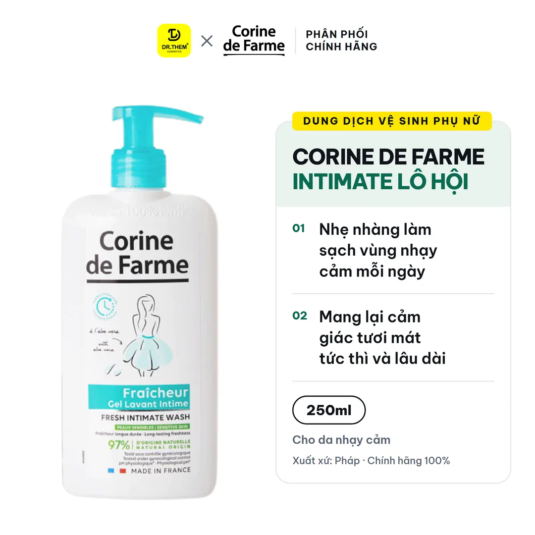 Dung Dịch Vệ Sinh Phụ Nữ Corine de Farme Intimate Gel Fraicheur Lô Hội Làm Sạch Dịu Nhẹ Cân Bằng pH 250ml