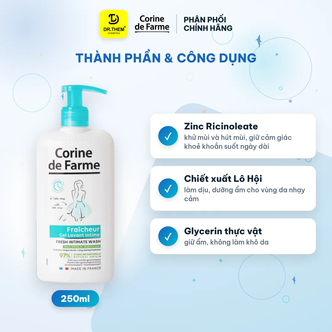 Dung Dịch Vệ Sinh Phụ Nữ Corine de Farme Intimate Gel Fraicheur Lô Hội Làm Sạch Dịu Nhẹ Cân Bằng pH 250ml 2