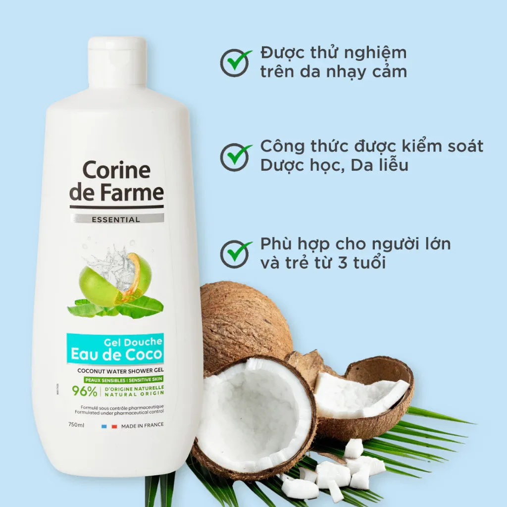 Gel Tắm Nước Dừa Corine De Farme Essential Coconut Water Shower Gel Dưỡng Ẩm Bảo Vệ Da 750ml 4