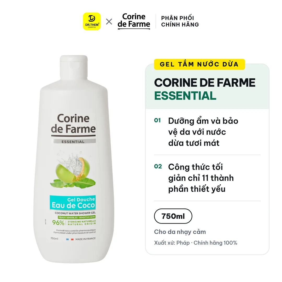 Gel Tắm Nước Dừa Corine De Farme Essential Coconut Water Shower Gel Dưỡng Ẩm Bảo Vệ Da 750ml