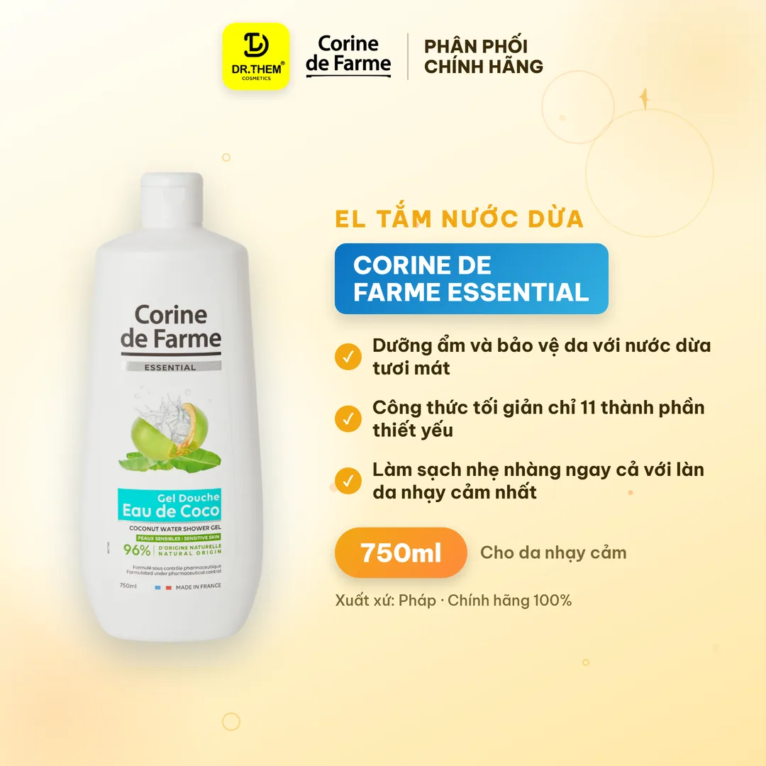 Gel Tắm Nước Dừa Corine De Farme Essential Coconut Water Shower Gel Dưỡng Ẩm Bảo Vệ Da 750ml