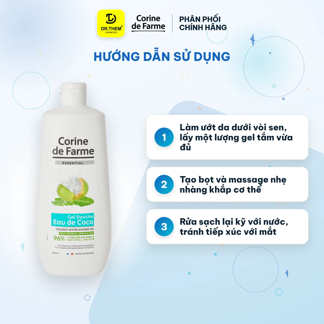 Gel Tắm Nước Dừa Corine De Farme Essential Coconut Water Shower Gel Dưỡng Ẩm Bảo Vệ Da 750ml 8