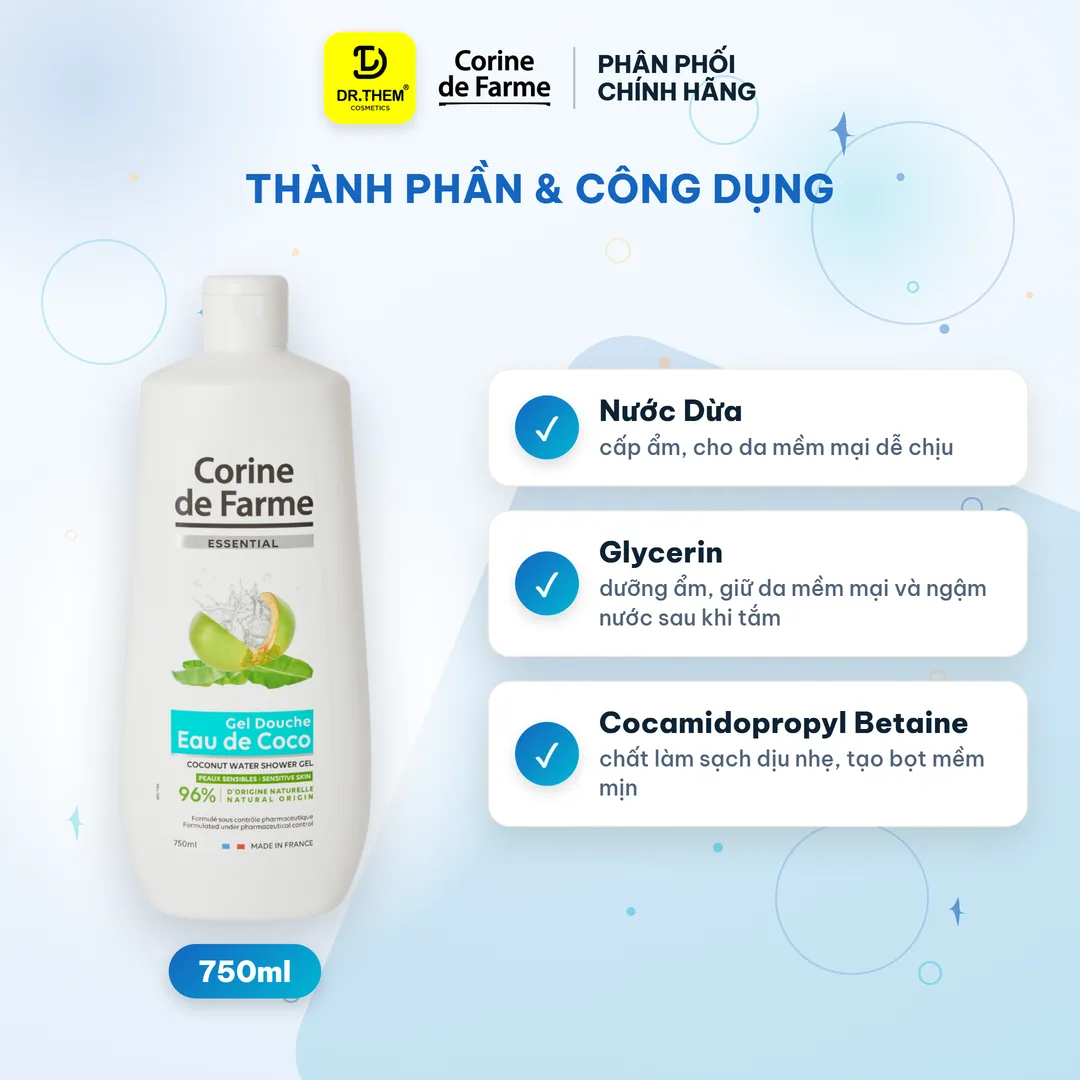Gel Tắm Nước Dừa Corine De Farme Essential Coconut Water Shower Gel Dưỡng Ẩm Bảo Vệ Da 750ml 7