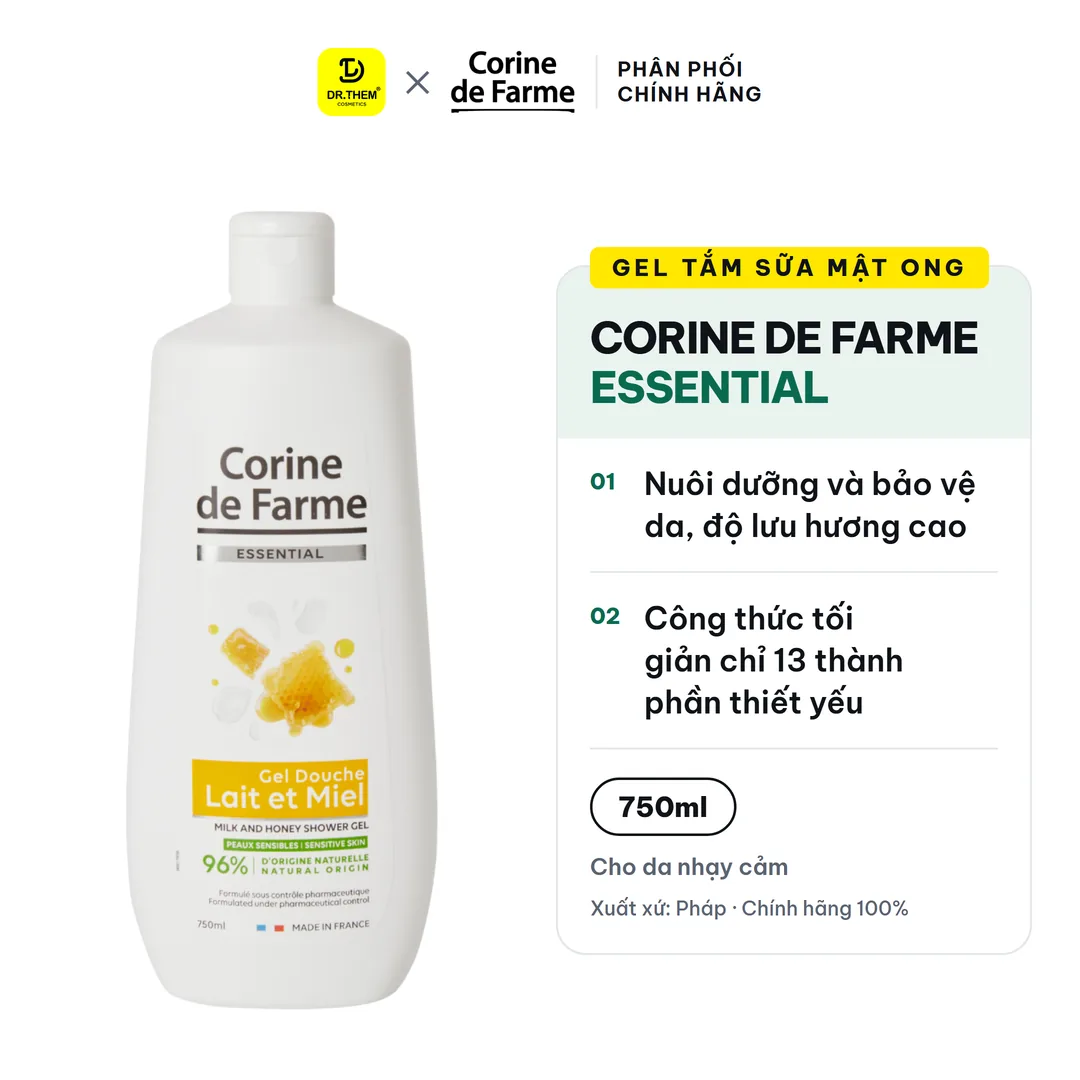 Gel Tắm Sữa Mật Ong Corine De Farme Essential Milk And Honey Shower Gel Nuôi Dưỡng Da Mềm Mịn 750ml