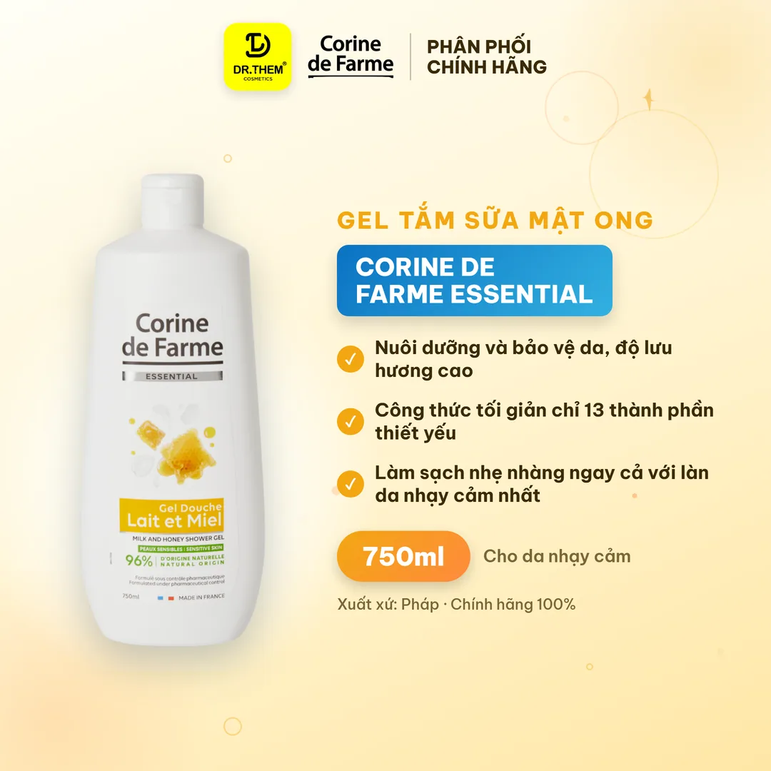 Gel Tắm Sữa Mật Ong Corine De Farme Essential Milk And Honey Shower Gel Nuôi Dưỡng Da Mềm Mịn 750ml