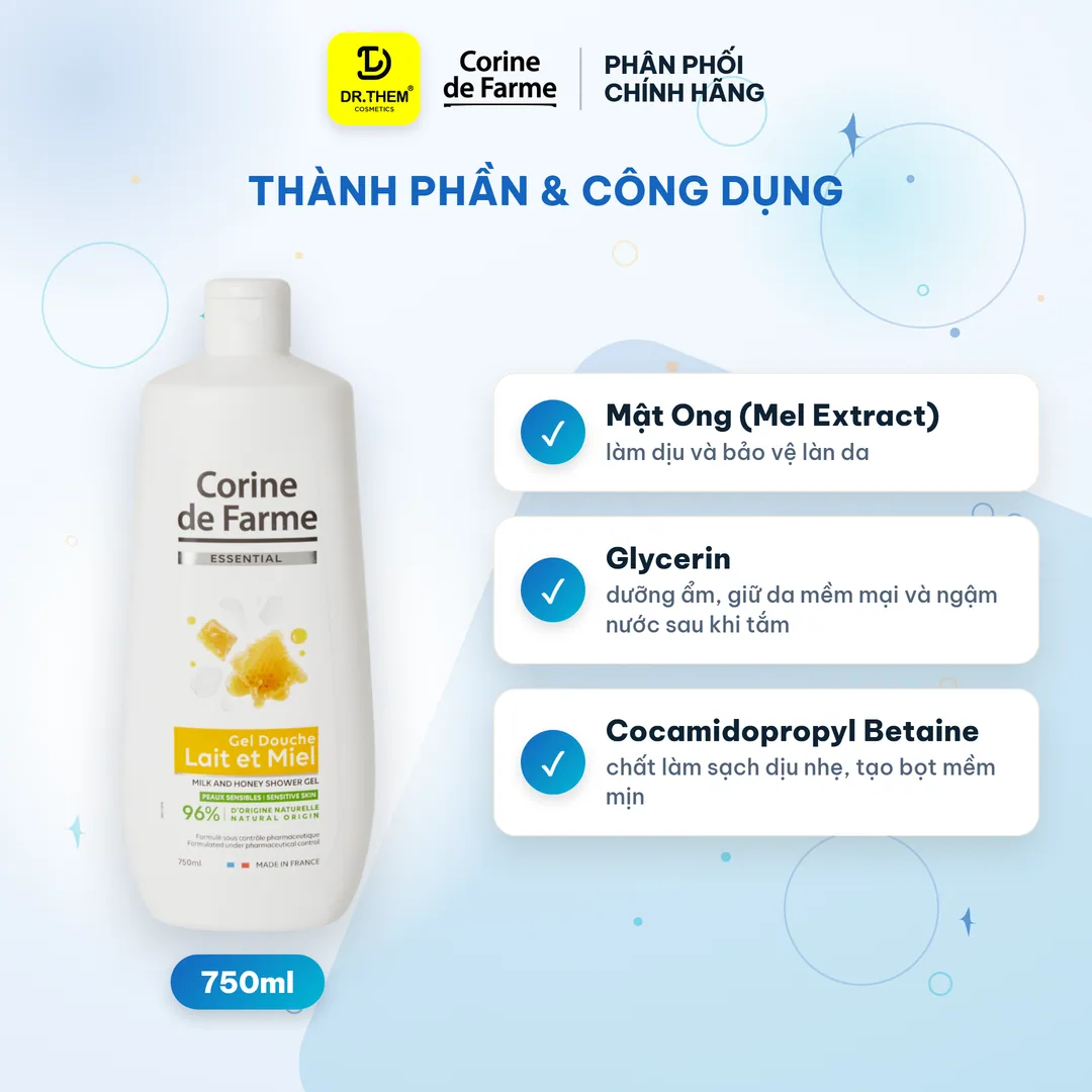 Gel Tắm Sữa Mật Ong Corine De Farme Essential Milk And Honey Shower Gel Nuôi Dưỡng Da Mềm Mịn 750ml 7
