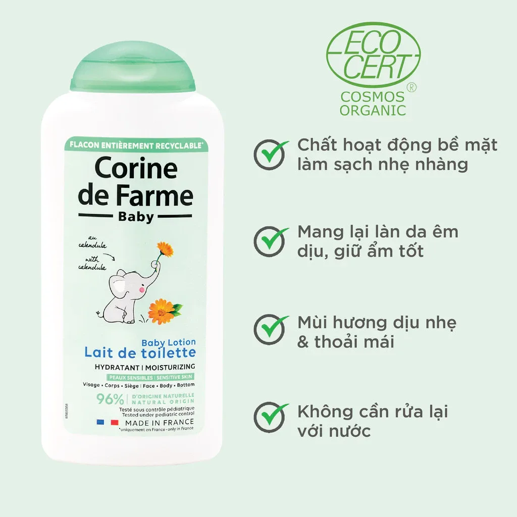 Lotion Làm Sạch Dịu Nhẹ Cho Bé Corine De Farme Baby Lotion Làm Dịu Dưỡng Ẩm Cho Da Nhạy Cảm 250ml 5