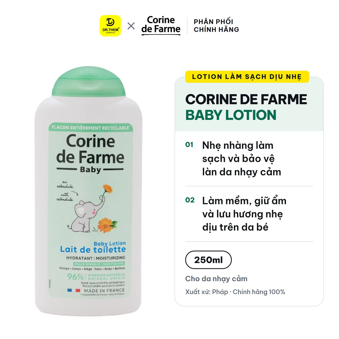 Lotion Làm Sạch Dịu Nhẹ Cho Bé Corine De Farme Baby Lotion Làm Dịu Dưỡng Ẩm Cho Da Nhạy Cảm 250ml