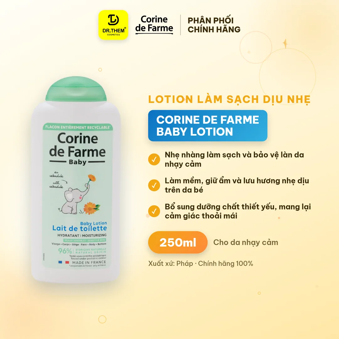 Lotion Làm Sạch Dịu Nhẹ Cho Bé Corine De Farme Baby Lotion Làm Dịu Dưỡng Ẩm Cho Da Nhạy Cảm 250ml