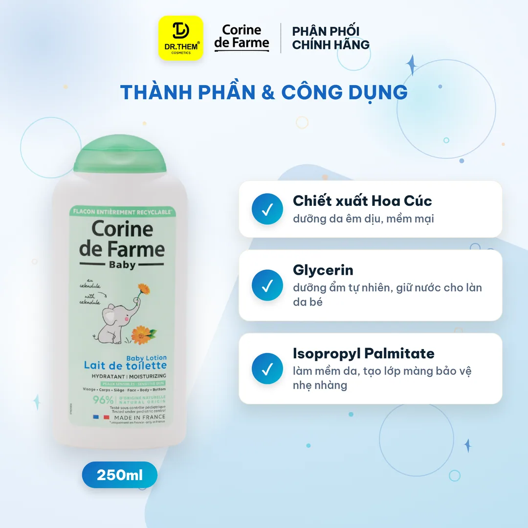Lotion Làm Sạch Dịu Nhẹ Cho Bé Corine De Farme Baby Lotion Làm Dịu Dưỡng Ẩm Cho Da Nhạy Cảm 250ml 6