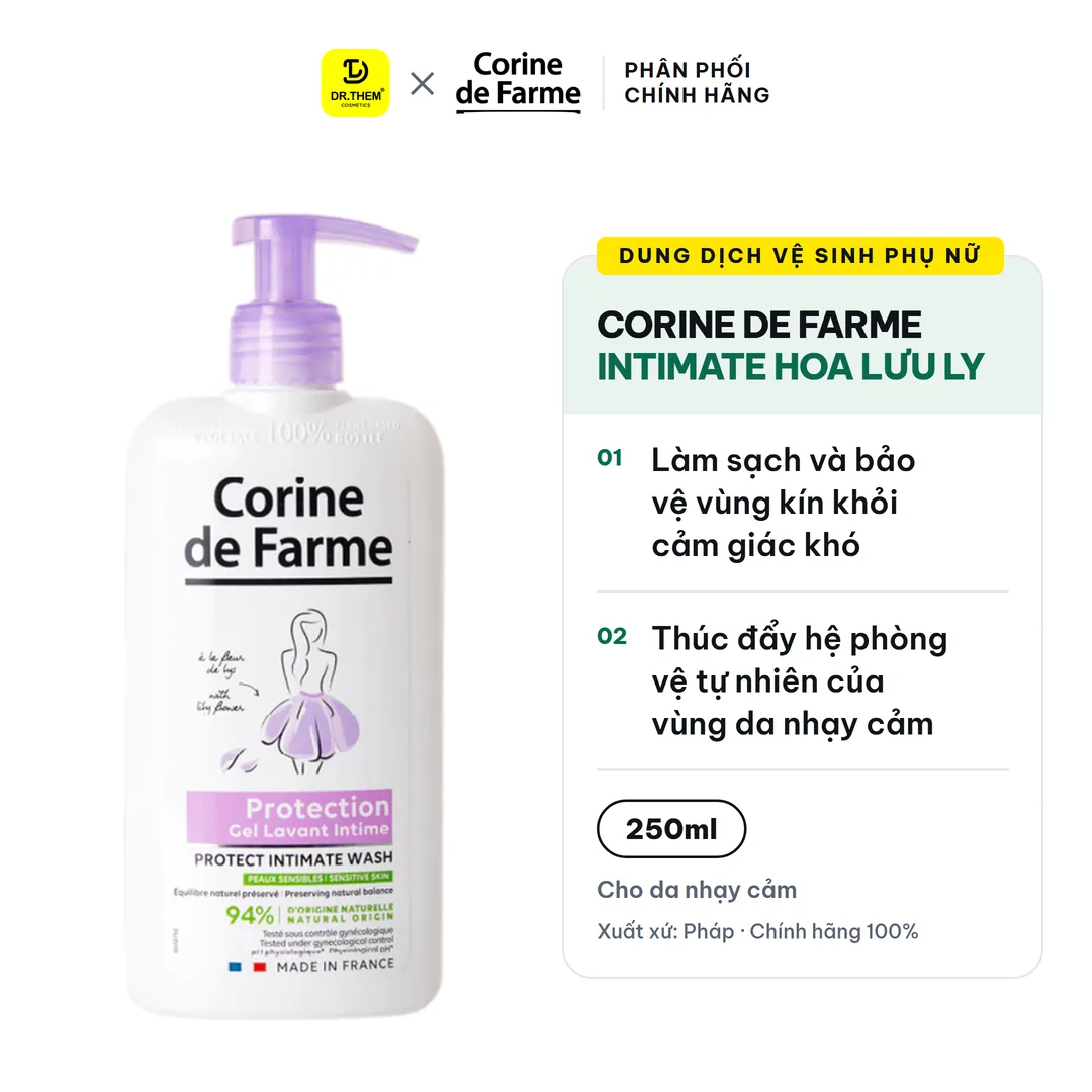 Dung Dịch Vệ Sinh Phụ Nữ Corine de Farme Intimate Gel Protection Hoa Lưu Ly Làm Sạch Dịu Nhẹ Cân Bằng pH 250ml