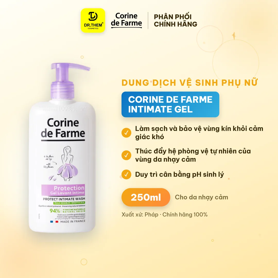 Dung Dịch Vệ Sinh Phụ Nữ Corine de Farme Intimate Gel Protection Hoa Lưu Ly Làm Sạch Dịu Nhẹ Cân Bằng pH 250ml