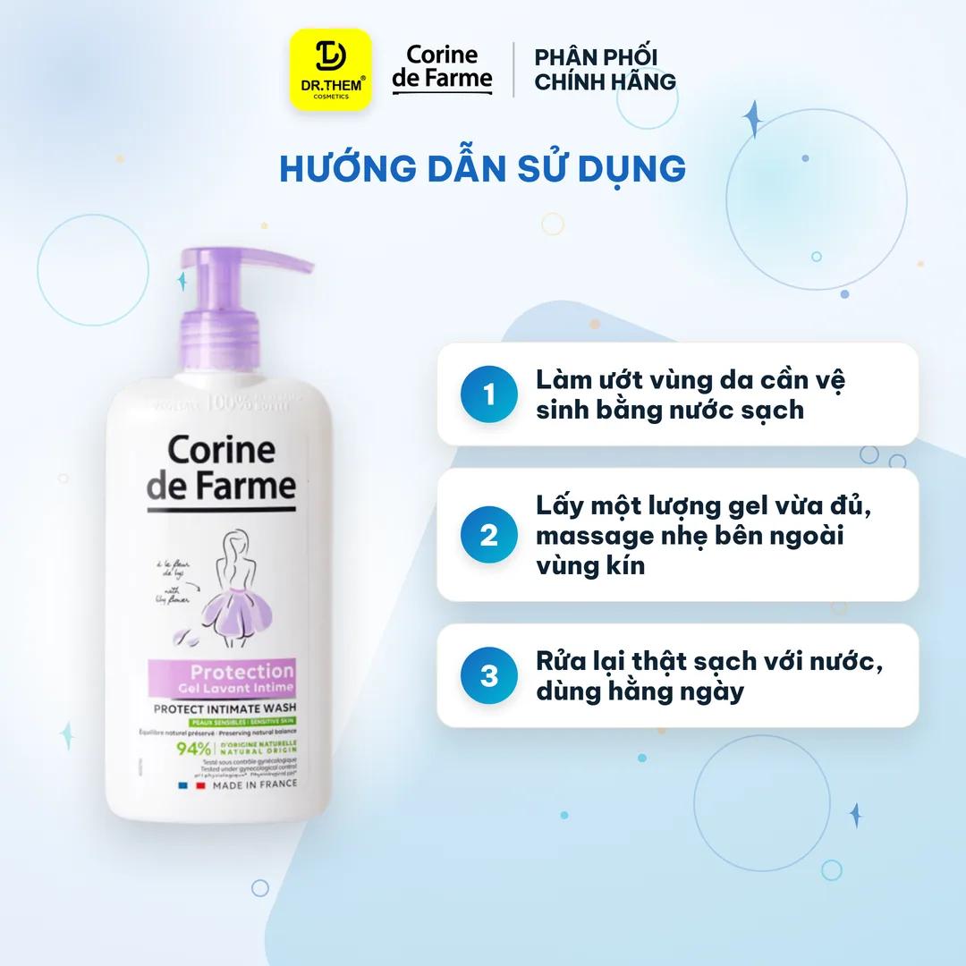 Dung Dịch Vệ Sinh Phụ Nữ Corine de Farme Intimate Gel Protection Hoa Lưu Ly Làm Sạch Dịu Nhẹ Cân Bằng pH 250ml 3