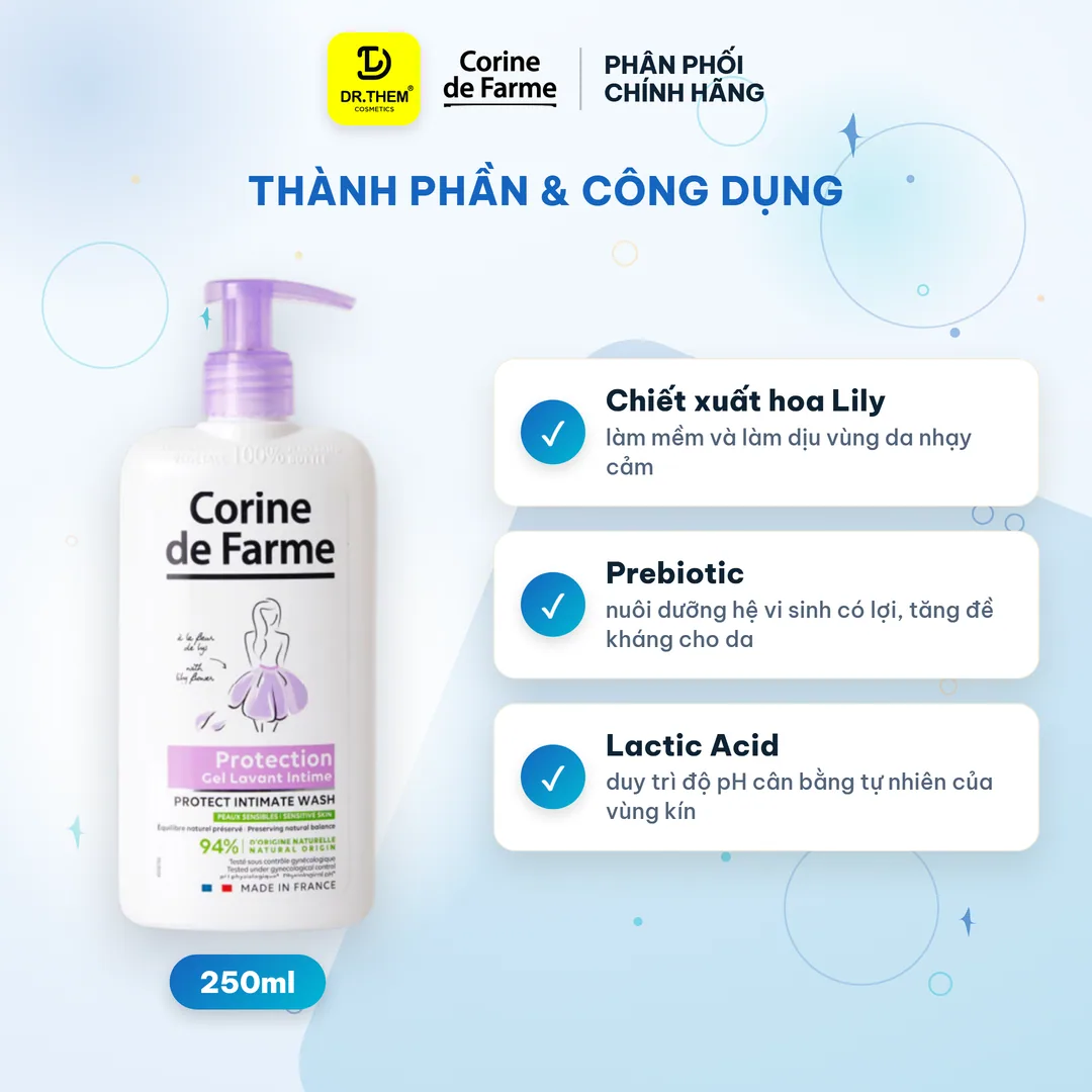 Dung Dịch Vệ Sinh Phụ Nữ Corine de Farme Intimate Gel Protection Hoa Lưu Ly Làm Sạch Dịu Nhẹ Cân Bằng pH 250ml 2