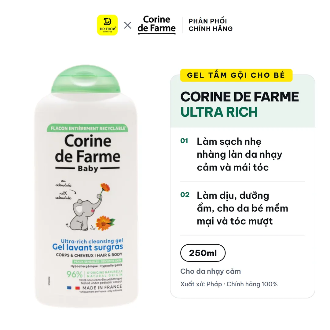 Gel Tắm Gội Cho Bé Corine De Farme Ultra Rich Cleansing Gel Làm Sạch Dịu Nhẹ Không Cay Mắt 250ml
