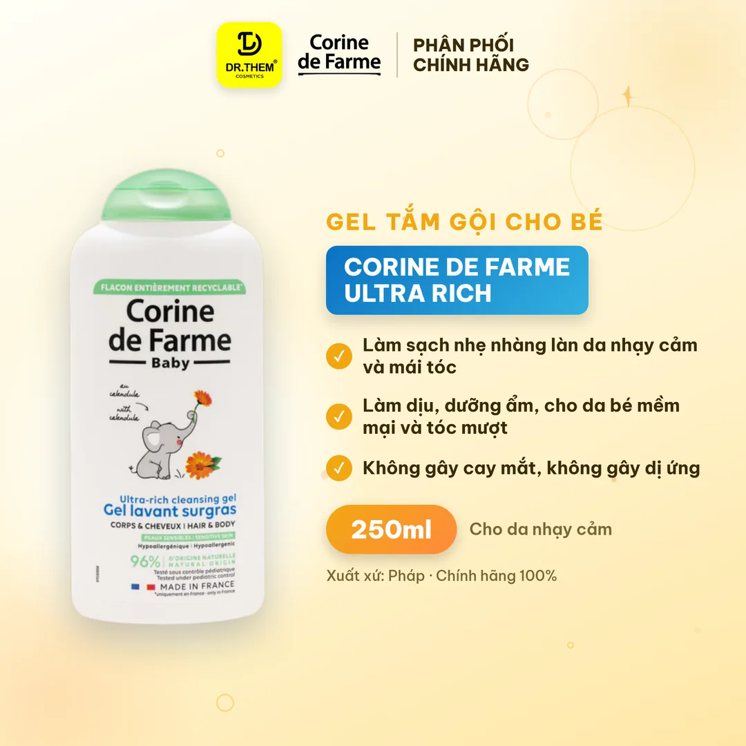 Gel Tắm Gội Cho Bé Corine De Farme Ultra Rich Cleansing Gel Làm Sạch Dịu Nhẹ Không Cay Mắt 250ml