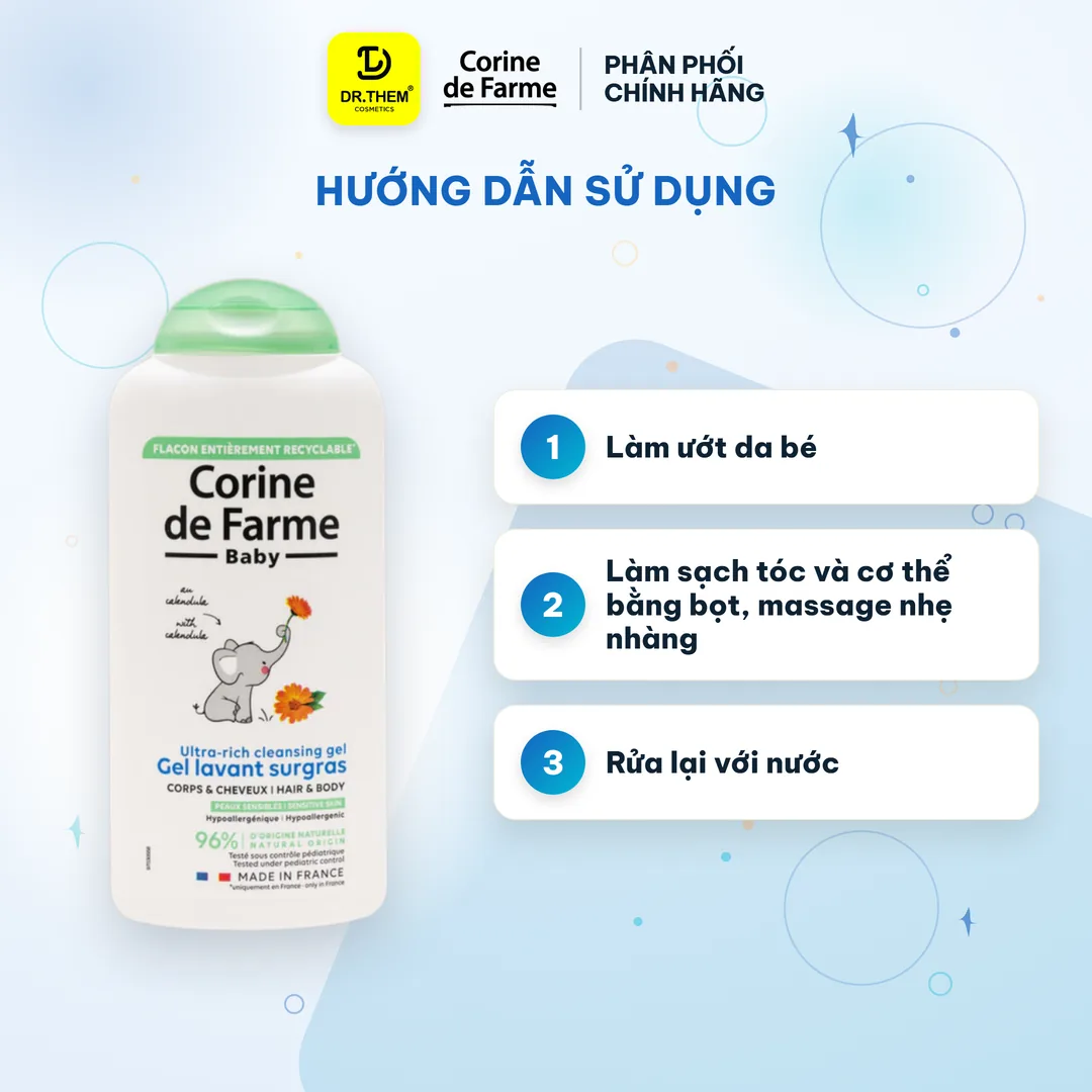 Gel Tắm Gội Cho Bé Corine De Farme Ultra Rich Cleansing Gel Làm Sạch Dịu Nhẹ Không Cay Mắt 250ml 3