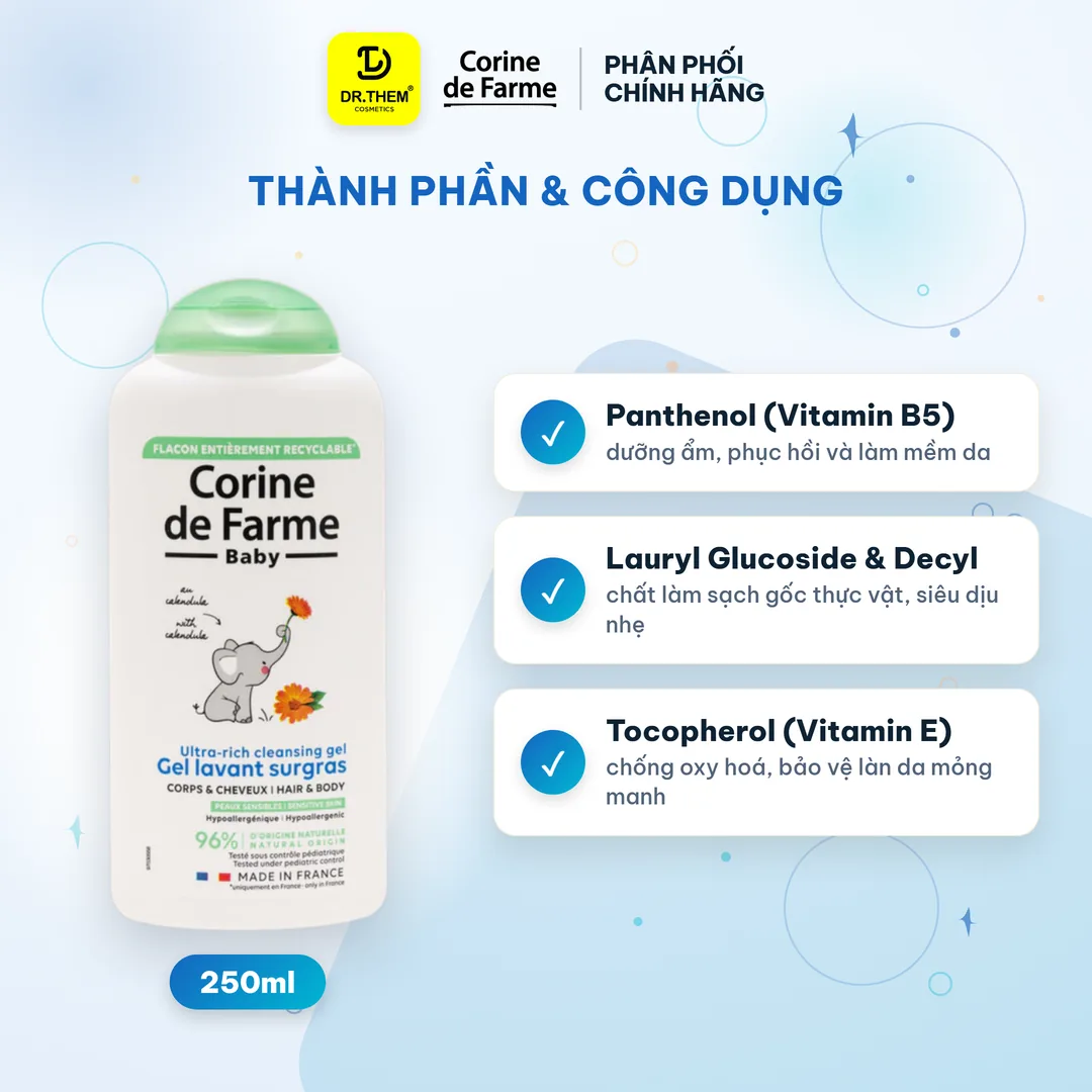 Gel Tắm Gội Cho Bé Corine De Farme Ultra Rich Cleansing Gel Làm Sạch Dịu Nhẹ Không Cay Mắt 250ml 2