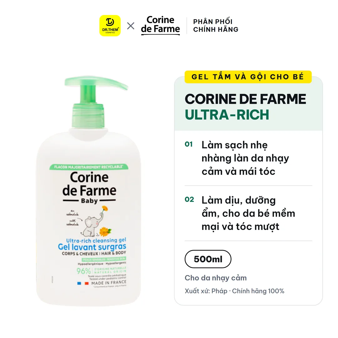Gel Tắm Và Gội Cho Bé Corine de Farme Ultra-Rich Cleansing Gel 500ml