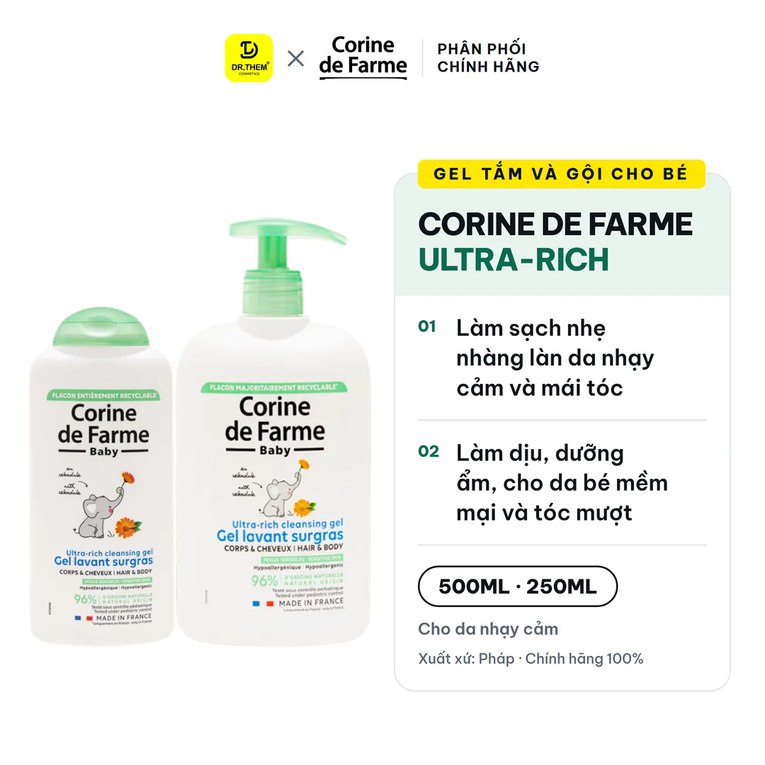Gel Tắm Gội Cho Bé Corine De Farme Ultra Rich Cleansing Gel Làm Sạch Dịu Nhẹ Không Cay Mắt 250ml/500ml
