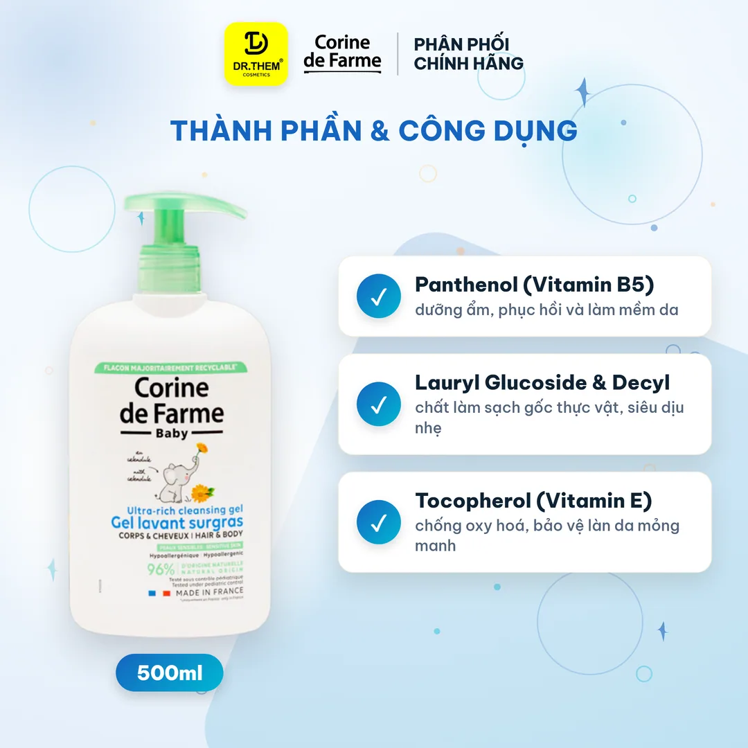 Gel Tắm Và Gội Cho Bé Corine de Farme Ultra-Rich Cleansing Gel 500ml 2