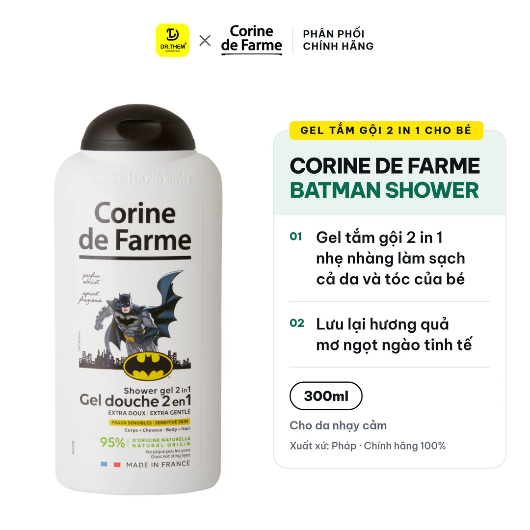 Gel Tắm Gội 2 In 1 Cho Bé Corine De Farme Batman Shower Gel Làm Sạch Dịu Nhẹ Hương Quả Mơ Ngọt Ngào 300ml