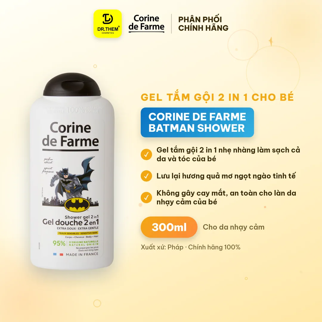 Gel Tắm Gội 2 In 1 Cho Bé Corine De Farme Batman Shower Gel Làm Sạch Dịu Nhẹ Hương Quả Mơ Ngọt Ngào 300ml