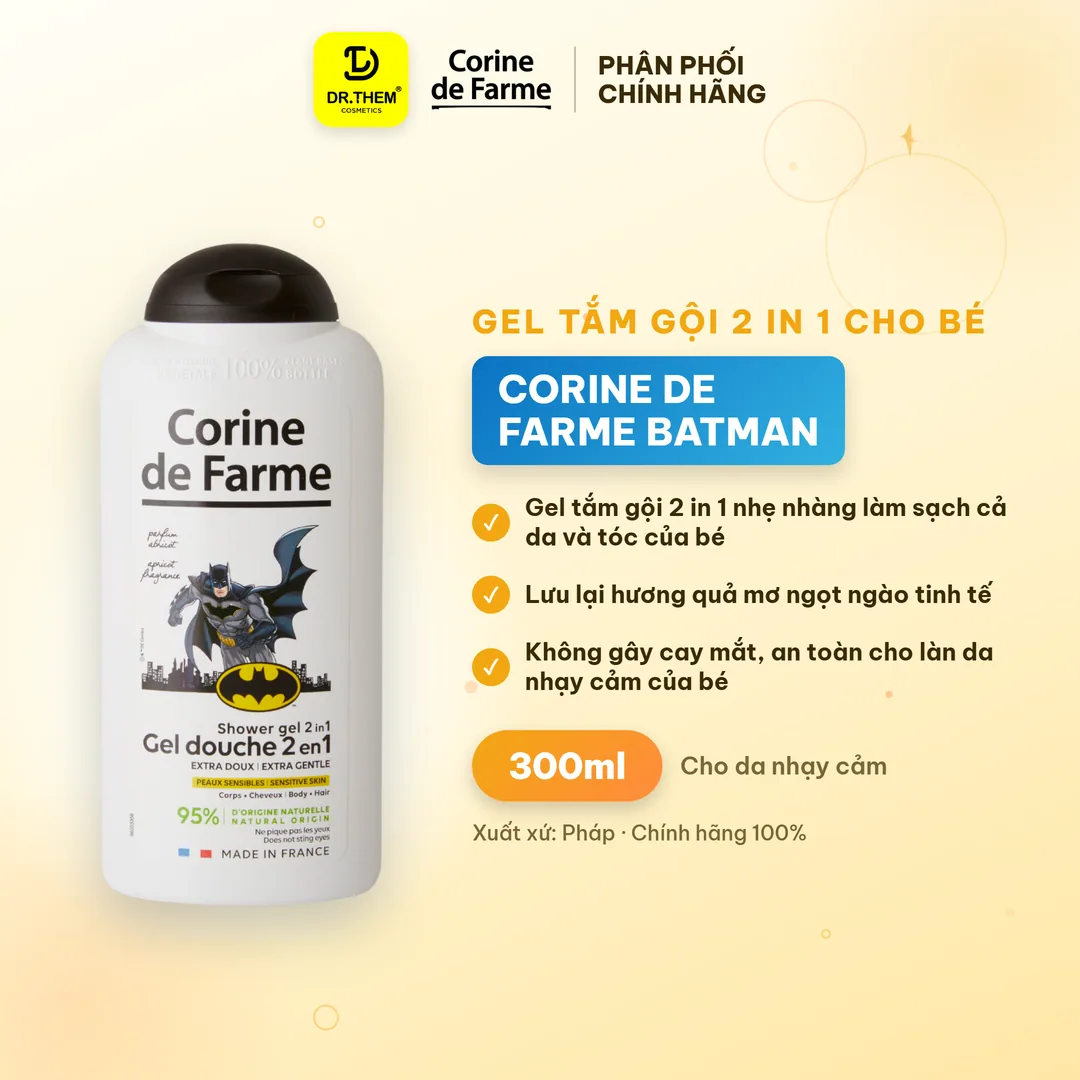 Gel Tắm Gội 2 In 1 Cho Bé Corine De Farme Batman Shower Gel Làm Sạch Dịu Nhẹ Hương Quả Mơ Ngọt Ngào 300ml