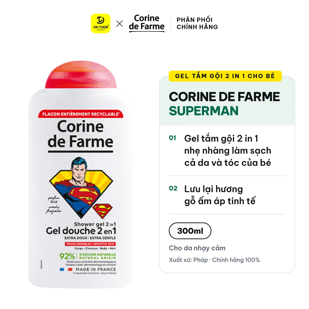 Gel Tắm Gội 2 In 1 Cho Bé Corine De Farme Superman Shower Gel Làm Sạch Dịu Nhẹ Hương Gỗ Ấm Áp 300ml