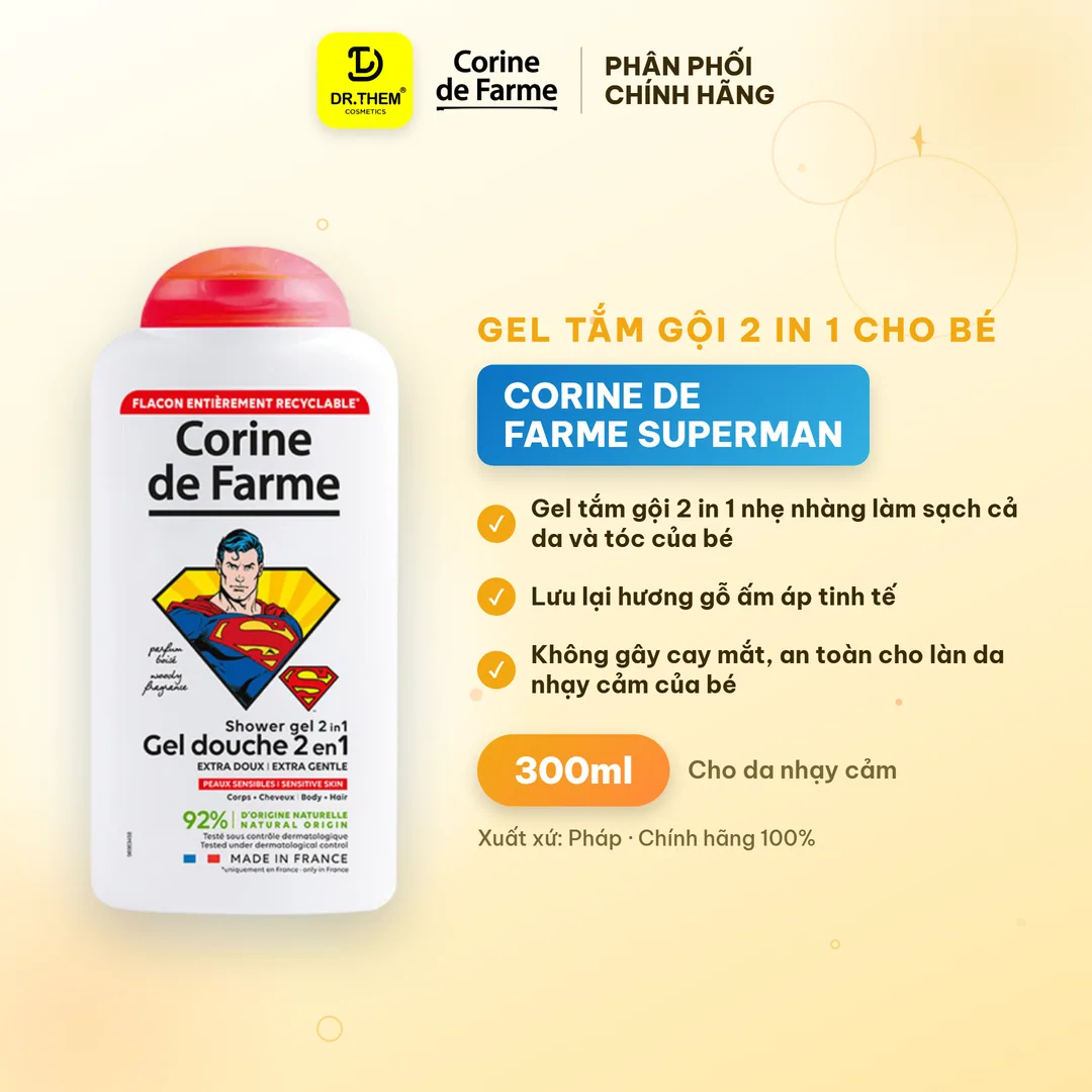 Gel Tắm Gội 2 In 1 Cho Bé Corine De Farme Superman Shower Gel Làm Sạch Dịu Nhẹ Hương Gỗ Ấm Áp 300ml