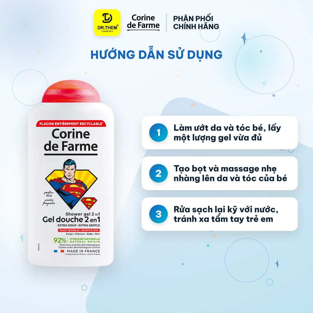 Gel Tắm Gội 2 In 1 Cho Bé Corine De Farme Superman Shower Gel Làm Sạch Dịu Nhẹ Hương Gỗ Ấm Áp 300ml 7
