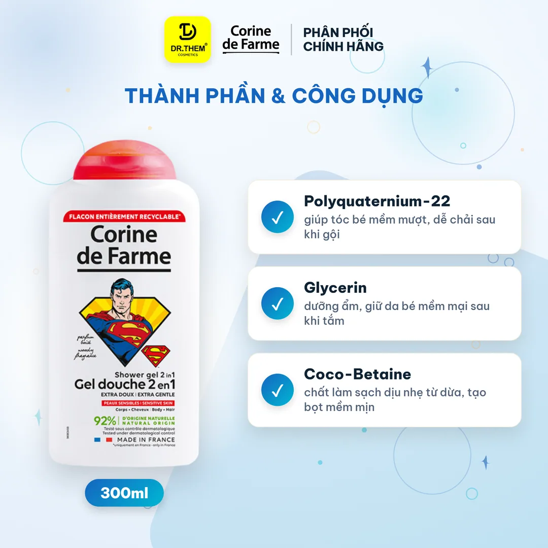 Gel Tắm Gội 2 In 1 Cho Bé Corine De Farme Superman Shower Gel Làm Sạch Dịu Nhẹ Hương Gỗ Ấm Áp 300ml 6