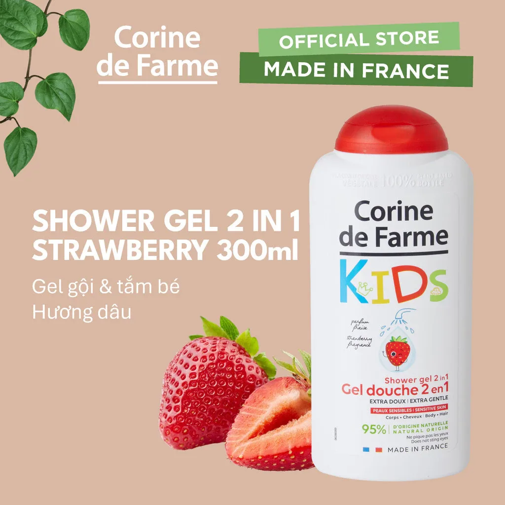 Gel Tắm Gội 2 In 1 Cho Bé Corine De Farme Strawberry Hương Dâu Tây Làm Sạch Dịu Nhẹ Không Cay Mắt Cho Bé 300ml 2
