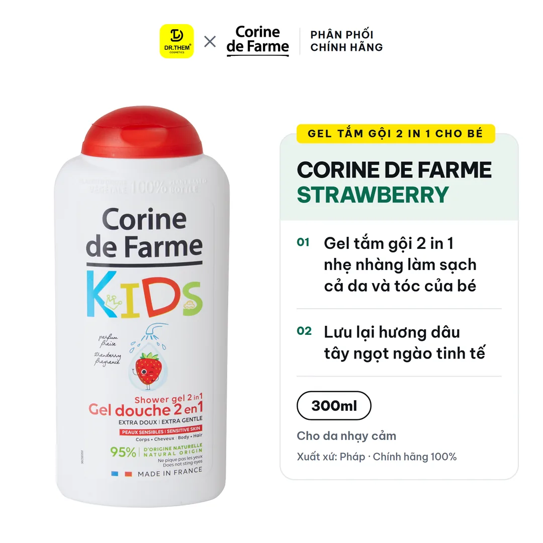 Gel Tắm Gội 2 In 1 Cho Bé Corine De Farme Strawberry Hương Dâu Tây Làm Sạch Dịu Nhẹ Không Cay Mắt Cho Bé 300ml