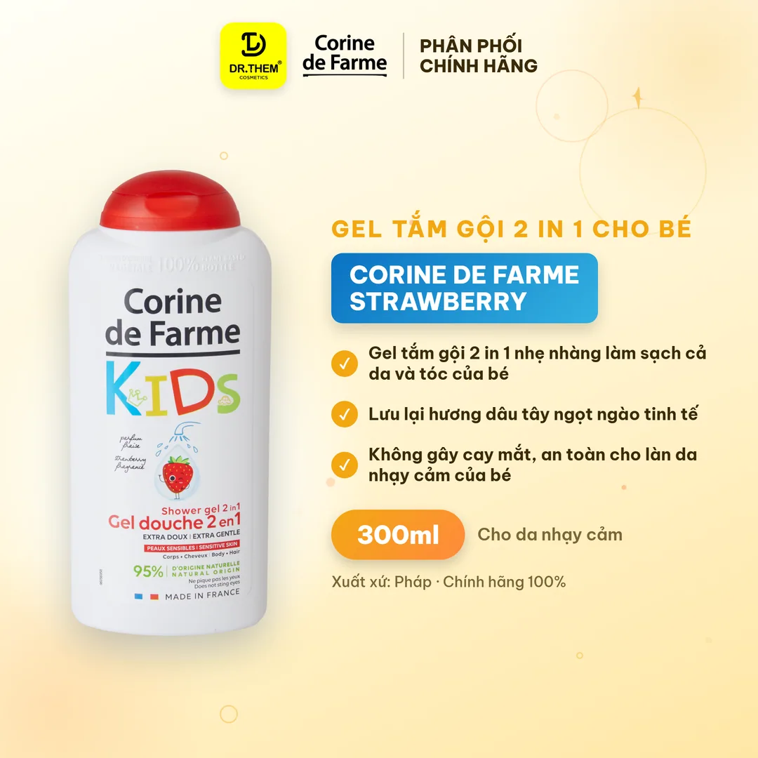 Gel Tắm Gội 2 In 1 Cho Bé Corine De Farme Strawberry Hương Dâu Tây Làm Sạch Dịu Nhẹ Không Cay Mắt Cho Bé 300ml