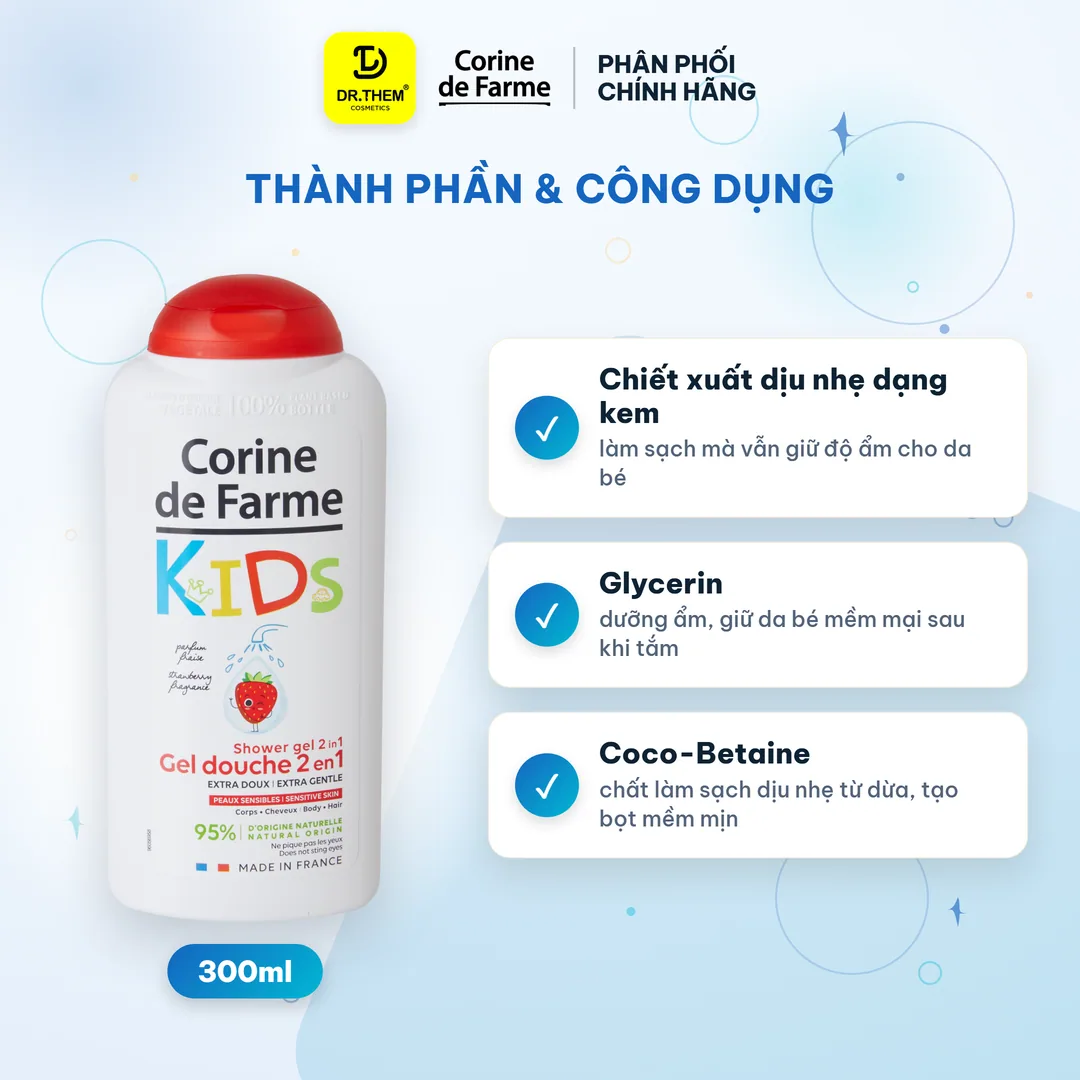 Gel Tắm Gội 2 In 1 Cho Bé Corine De Farme Strawberry Hương Dâu Tây Làm Sạch Dịu Nhẹ Không Cay Mắt Cho Bé 300ml 6