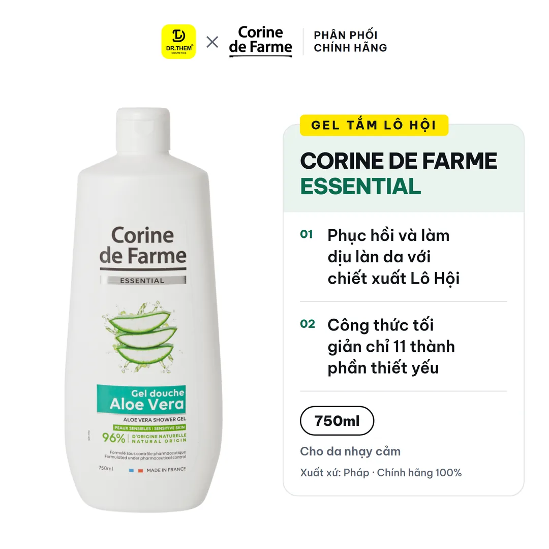 Gel Tắm Lô Hội Corine De Farme Essential Aloe Vera Shower Gel Dịu Nhẹ Cấp Ẩm Cho Da Nhạy Cảm 750ml