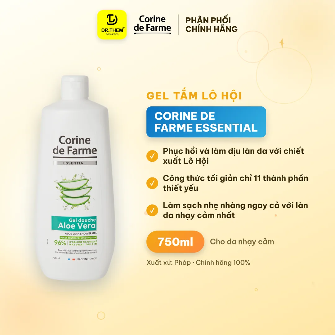 Gel Tắm Lô Hội Corine De Farme Essential Aloe Vera Shower Gel Dịu Nhẹ Cấp Ẩm Cho Da Nhạy Cảm 750ml