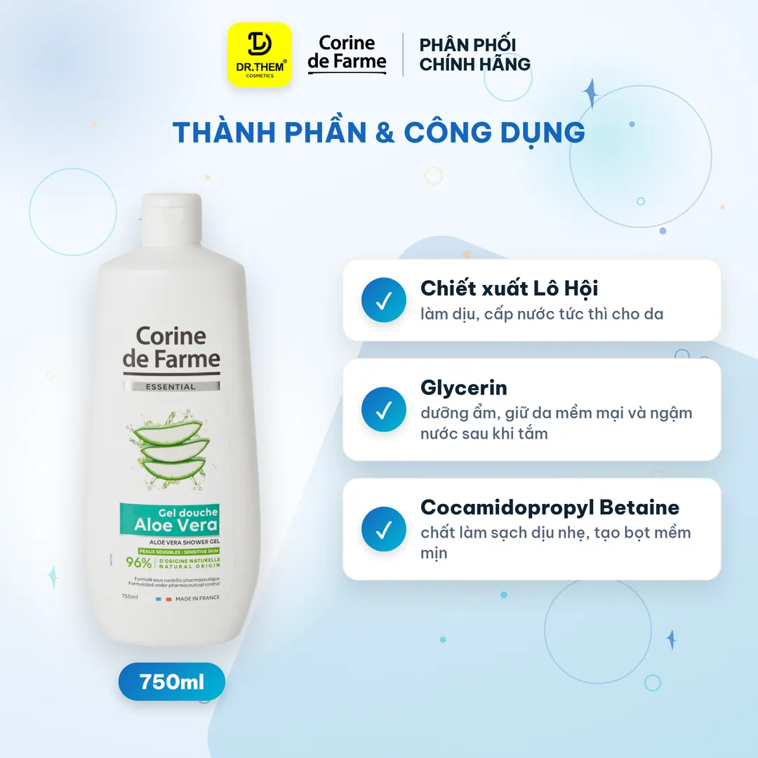 Gel Tắm Lô Hội Corine De Farme Essential Aloe Vera Shower Gel Dịu Nhẹ Cấp Ẩm Cho Da Nhạy Cảm 750ml 8