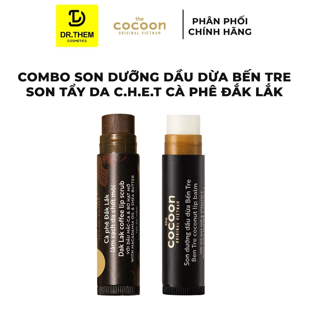 Combo Son Dưỡng Môi Cocoon Dầu Dừa Bến Tre Và Son Tẩy Da Chết Môi Cà Phê Đắk Lắk Dưỡng Mềm Môi 5g