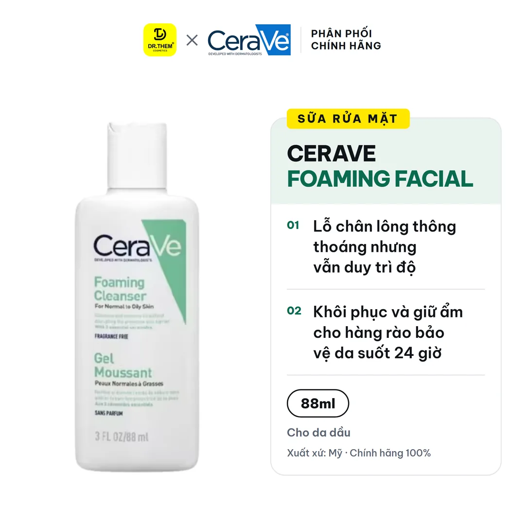 Sữa Rửa Mặt CeraVe Foaming Facial Cleanser Tạo Bọt Làm Sạch Sâu Kiềm Dầu Cho Da Thường Đến Da Dầu 88ml