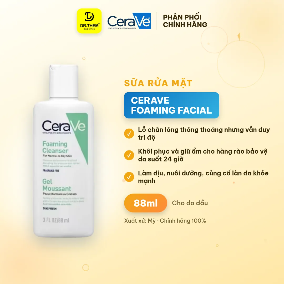 Sữa Rửa Mặt CeraVe Foaming Facial Cleanser Tạo Bọt Làm Sạch Sâu Kiềm Dầu Cho Da Thường Đến Da Dầu 88ml